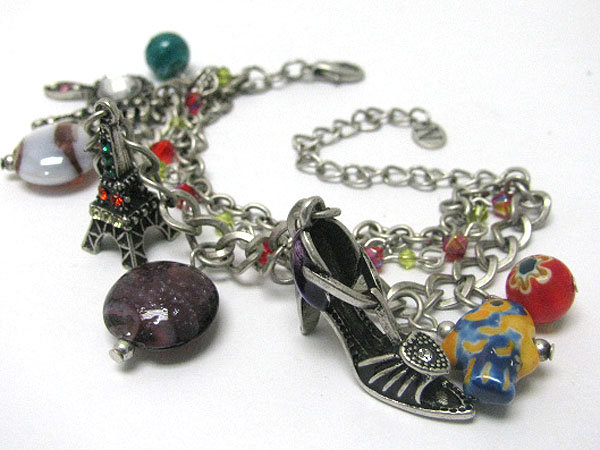 Antique style murano glass and eifel tower and shoe charm bracelet