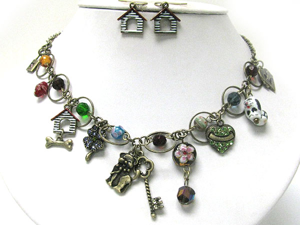 Antique style beads and doggy theme and mixed charm dangle necklace earring set