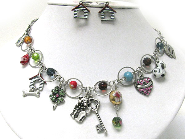 Antique style beads and doggy theme and mixed charm dangle necklace earring set