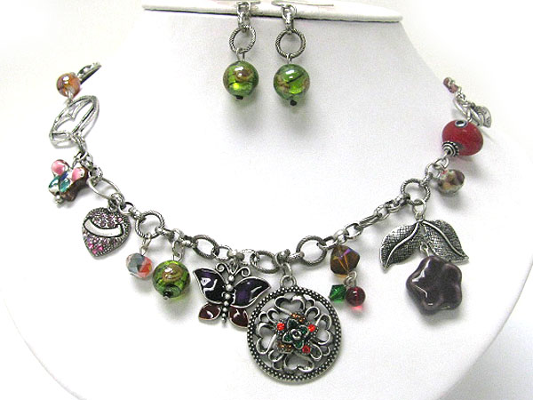 Antique style beads and crystal stud mixed spring theme charm dangle necklace earring set