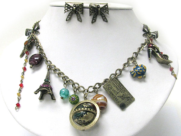 Antique style murano glass and eifel tower and mixed travel theme charm dangle necklace earring set