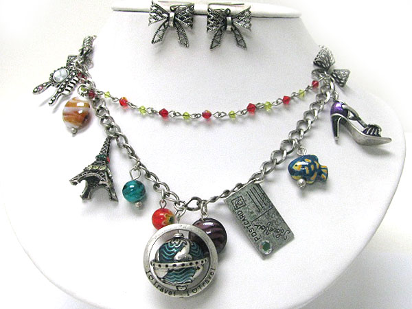 Antique style murano glass and eifel tower and mixed travel theme charm dangle necklace earring set