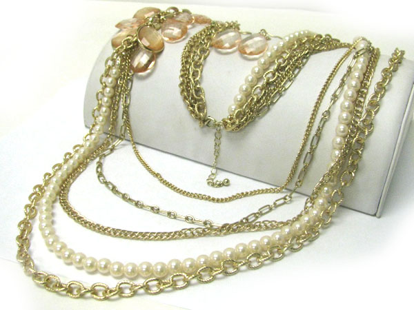 Multi row metal chain and pearl ball long chain neckalce earritgn set