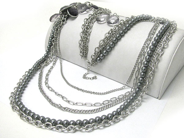 Multi row metal chain and pearl ball long chain neckalce earritgn set