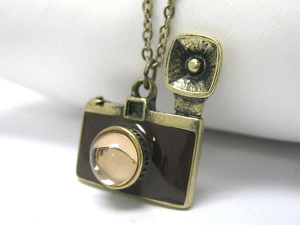 Burnish metal miniature camera pendant necklace