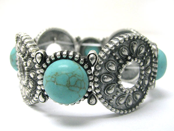 Turquoise stone and textured meta ldisk link stretch bracelet