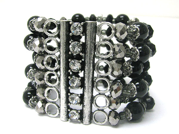 Crystal deco multi row mixed beads stretch bracelet