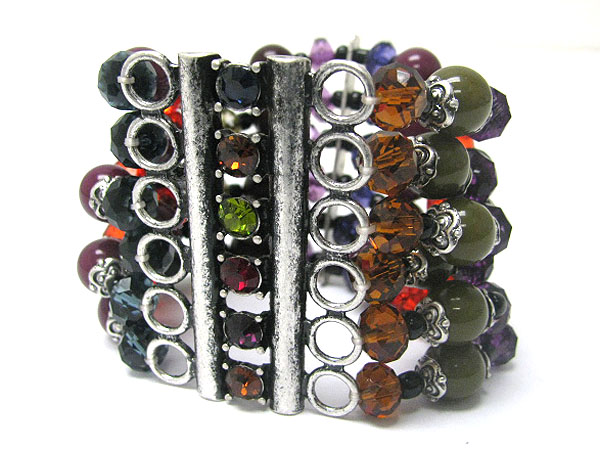 Crystal deco multi row mixed beads stretch bracelet