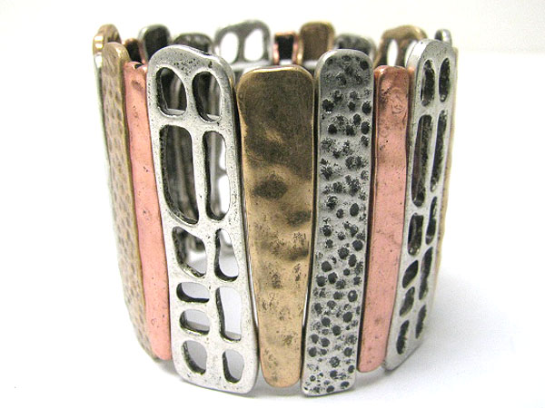 Tri tone mixed hammered metal stick link stretch bracelet