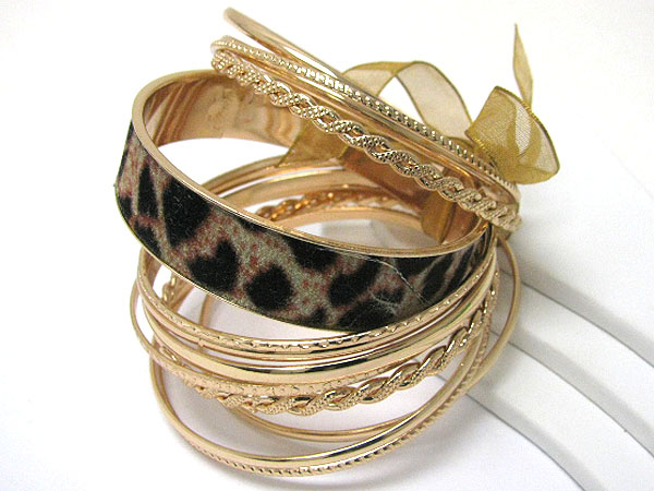 Leopard skin and multi metal ribbon tied bangle set