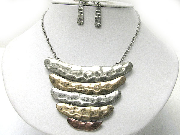 Gradual hammered metal bar drop bib necklace earring set