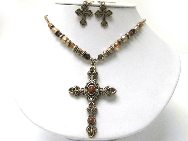 Natural stone crystal deco cross pendant necklace earring set