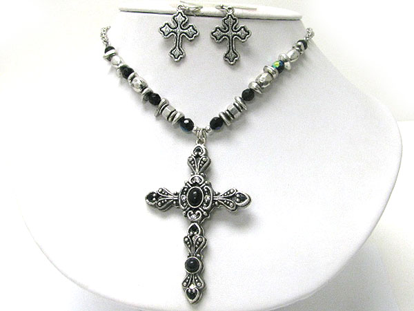 Natural stone crystal deco cross pendant necklace earring set