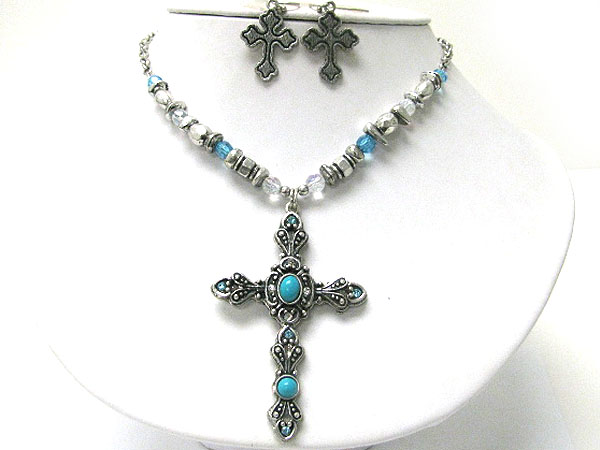 Natural stone crystal deco cross pendant necklace earring set