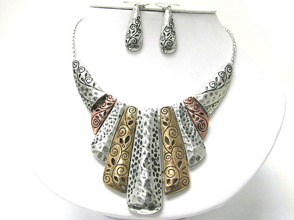 Tri tone hammered deco meta lbar drop necklace earring set