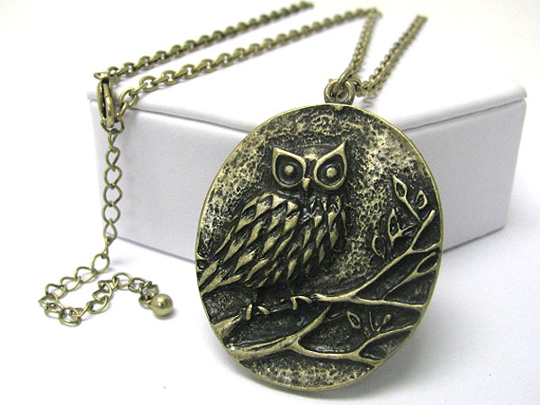 Burnish metal owl picture oval pendant long necklace