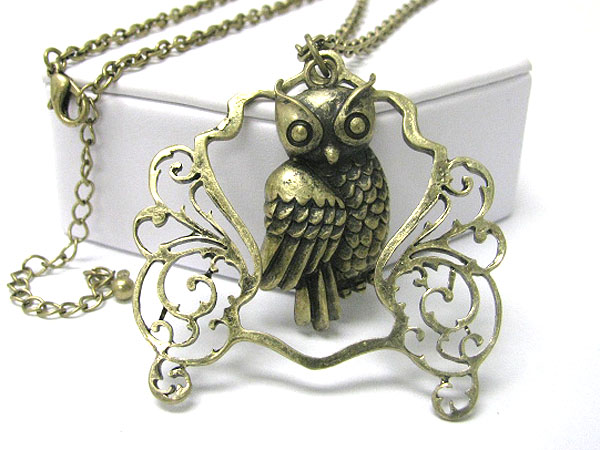 Burnish metal owl pendant long necklace