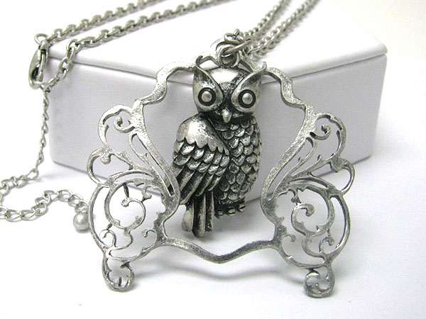 Burnish metal owl pendant long necklace