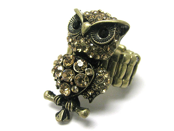 Crystal stud burnish metal owl stretch ring