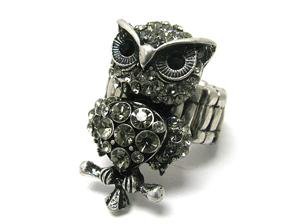 Crystal stud burnish metal owl stretch ring