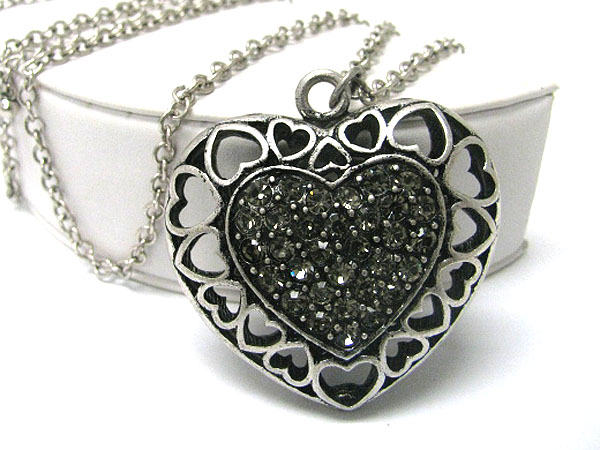 Crystal stud cut out burnish metal heart pendant long necklace