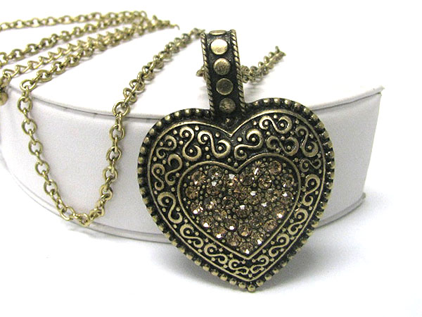 Crystal stud burnish metal textured heart pendant long necklace