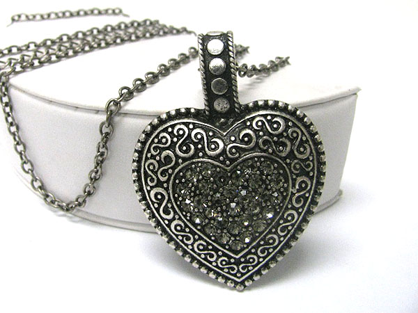 Crystal stud burnish metal textured heart pendant long necklace