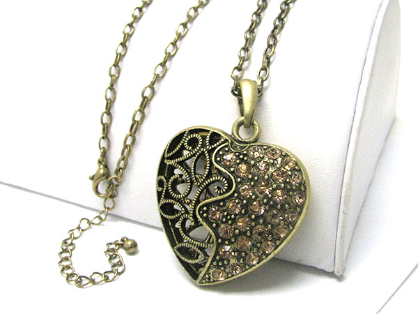 Crystal stud burnish metal textured heart pendant long necklace