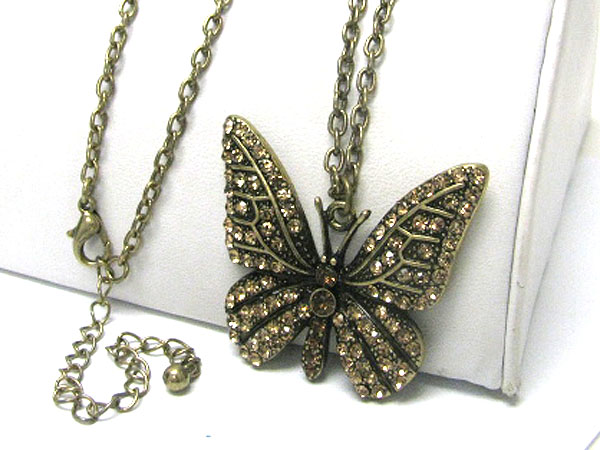 Crystal stud burnish metal butterfly pendant long necklace