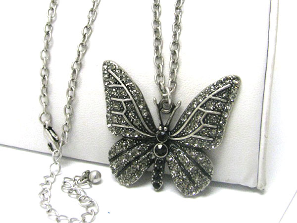 Crystal stud burnish metal butterfly pendant long necklace