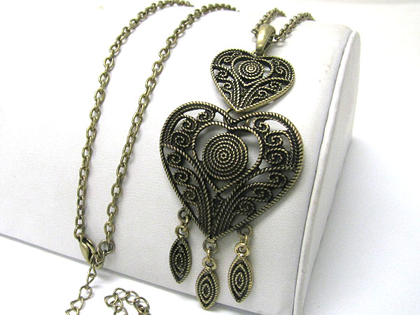 Burnish metal double heart drop pendant long necklace