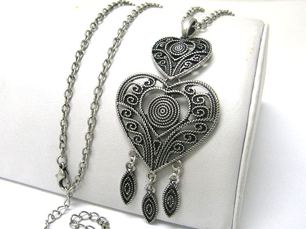 Burnish metal double heart drop pendant long necklace