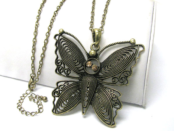 Burnish metal large butterfly pendant long necklace