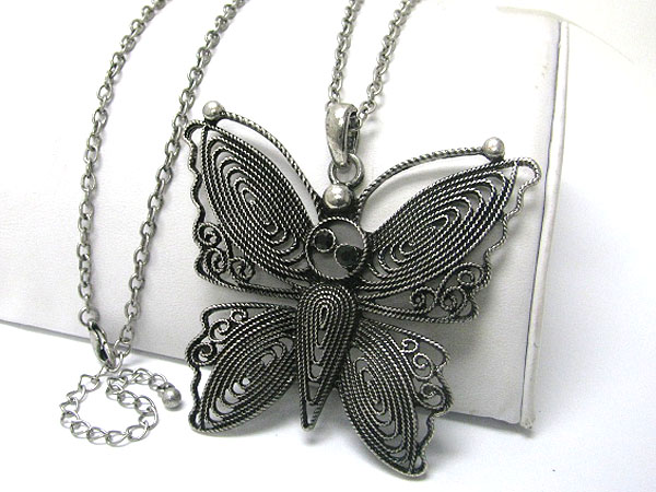 Burnish metal large butterfly pendant long necklace