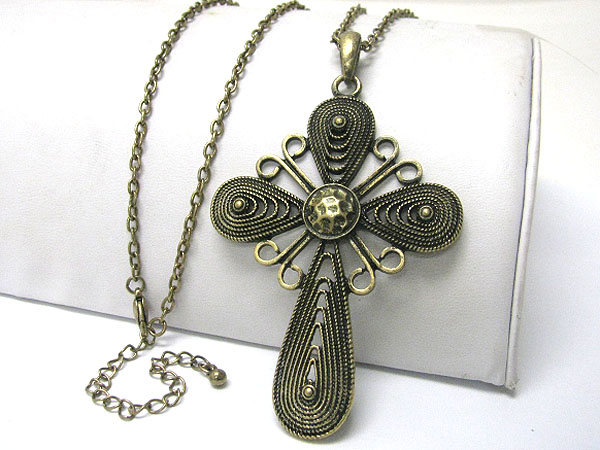 Burnish metal large cross pendant long necklace