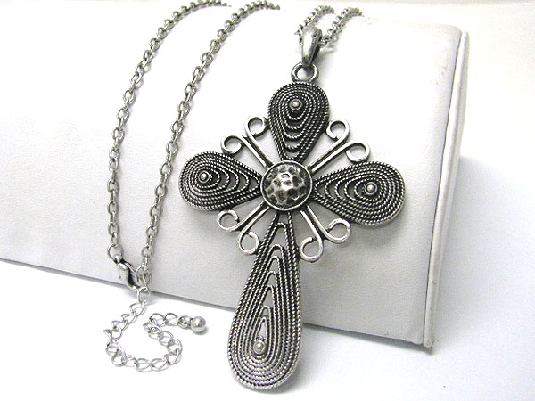 Burnish metal large cross pendant long necklace