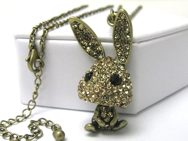 Crystal stud burnish metal bunny puppet pendant long necklace