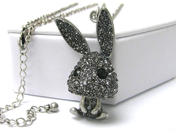 Crystal stud burnish metal bunny puppet pendant long necklace