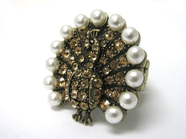 Crystal and pearl deco peacock stretch ring