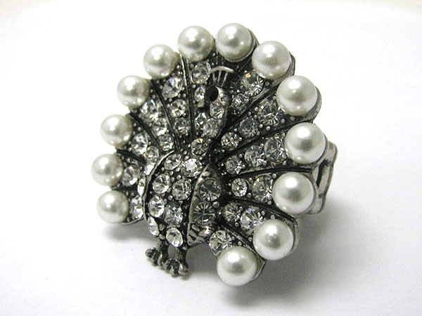 Crystal and pearl deco peacock stretch ring