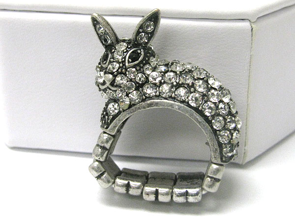 Crystal stud burnish metal bunny stretch ring