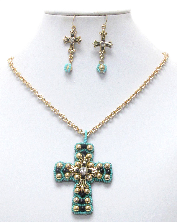 Handmade crystal center and pearl deco cross on leatherette back pendant necklace earring set