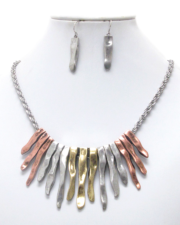 Hammered multi metal bar deco tribal necklace earring set