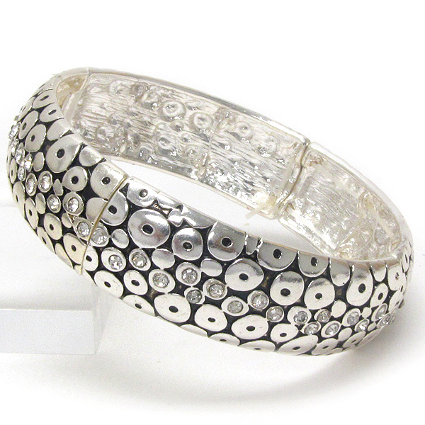 Crystal deco and metal filigree designer bubble pattern stretch bracelet