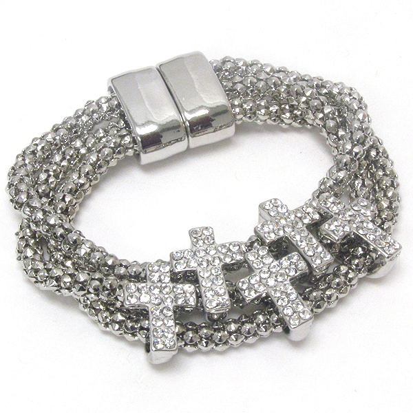 Crystal deco multi cross on trip tube chain and magnet close bracelet