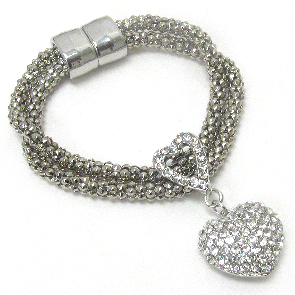 Crystal puffy heart charm on double tube chain and maget close bracelet -valentine