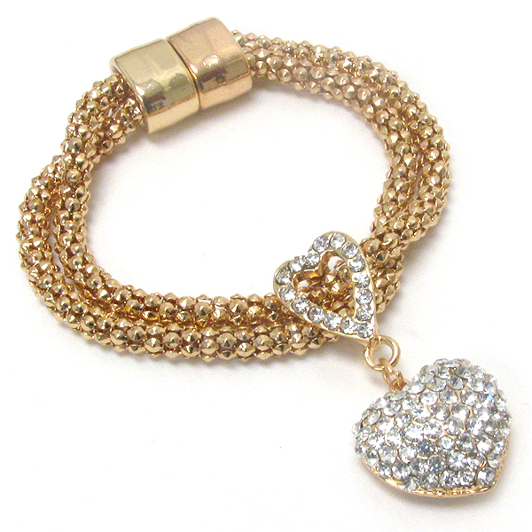 Crystal puffy heart charm on double tube chain and maget close bracelet -valentine