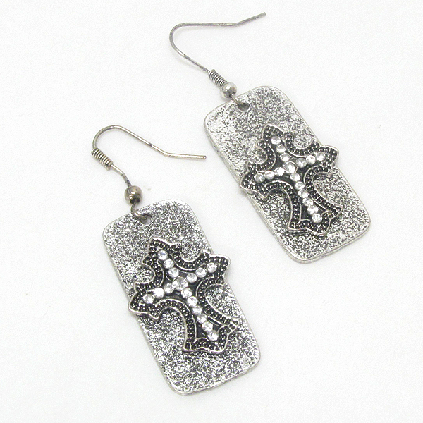 Crystal deco cross on textured plate earring