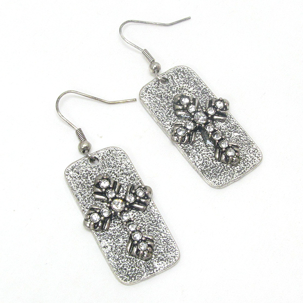 Crystal deco cross on textured plate earring