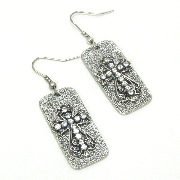 Crystal deco cross on textured plate earring